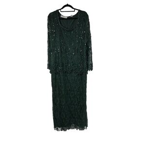 Scala‎ Dress Womens 1X Emerald Green Evening Gown Sequin Lace Detail Formal Luxe